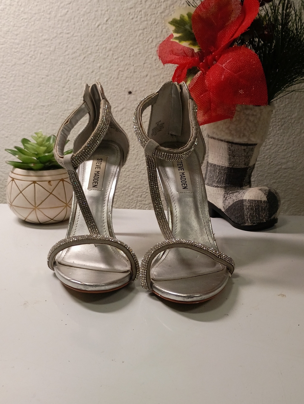 Steve Madden Silver Crystal T-Strap Heels